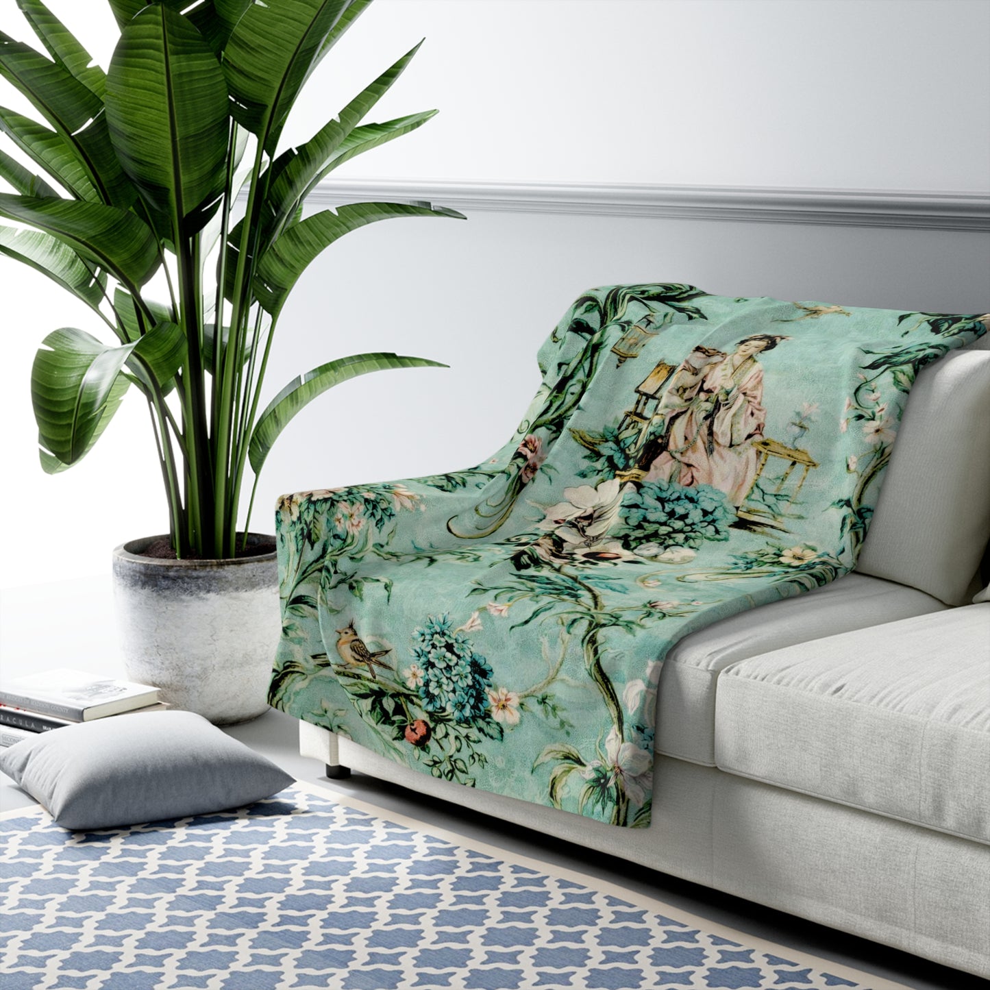 Mintgrüne Vintage Chinoiserie Sherpa Decke