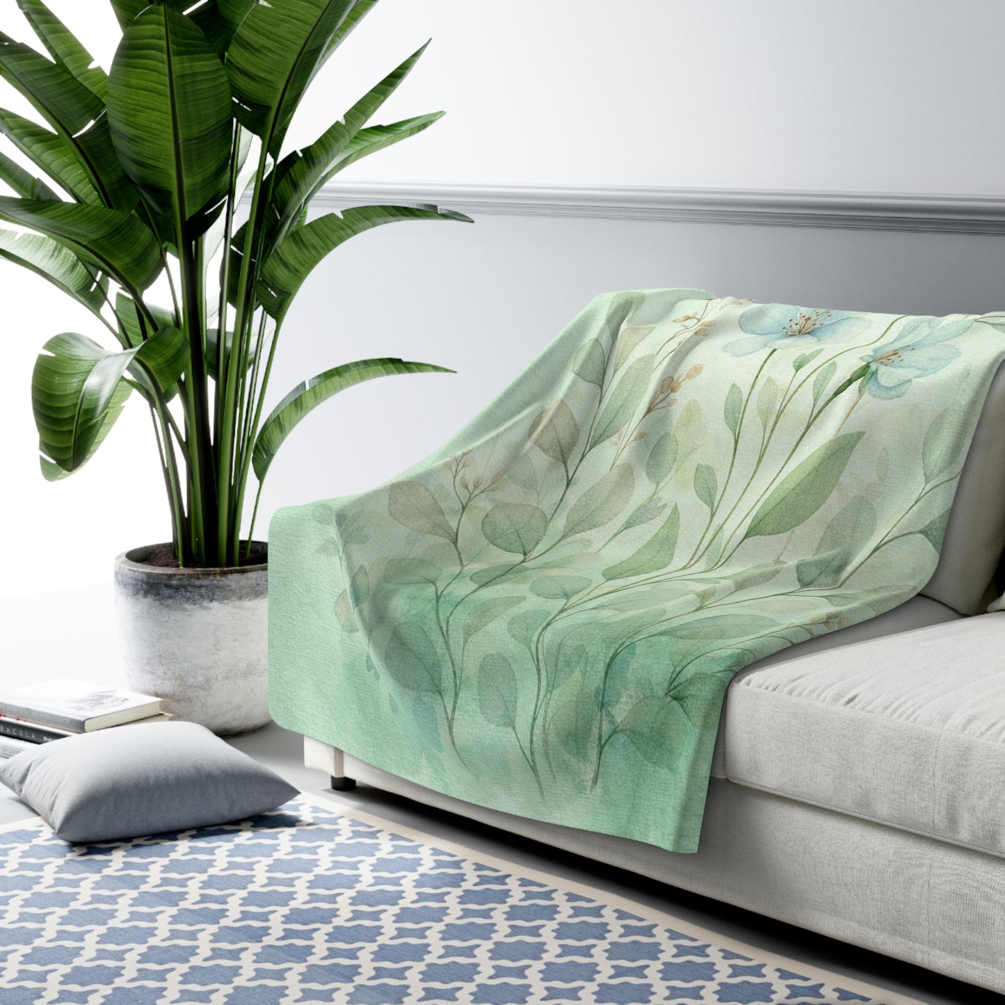 Pastellgrüne Aquarell Blumen Sherpa Fleecedecke