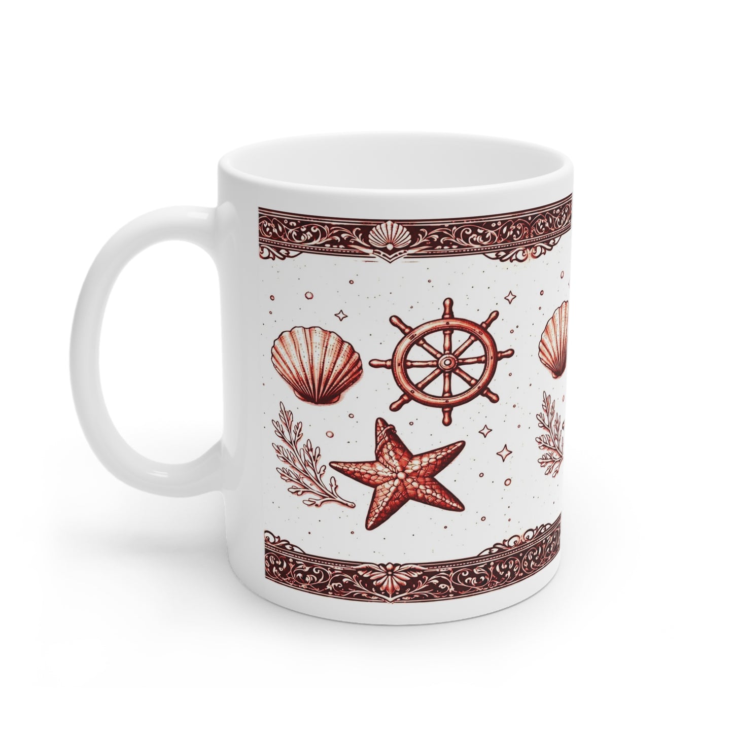 Maritime Keramiktasse mit Muschel & Seestern-Motiv