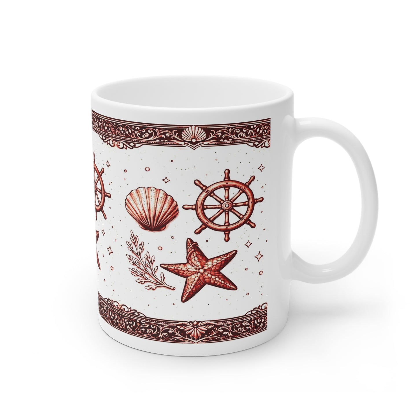 Maritime Keramiktasse mit Muschel & Seestern-Motiv