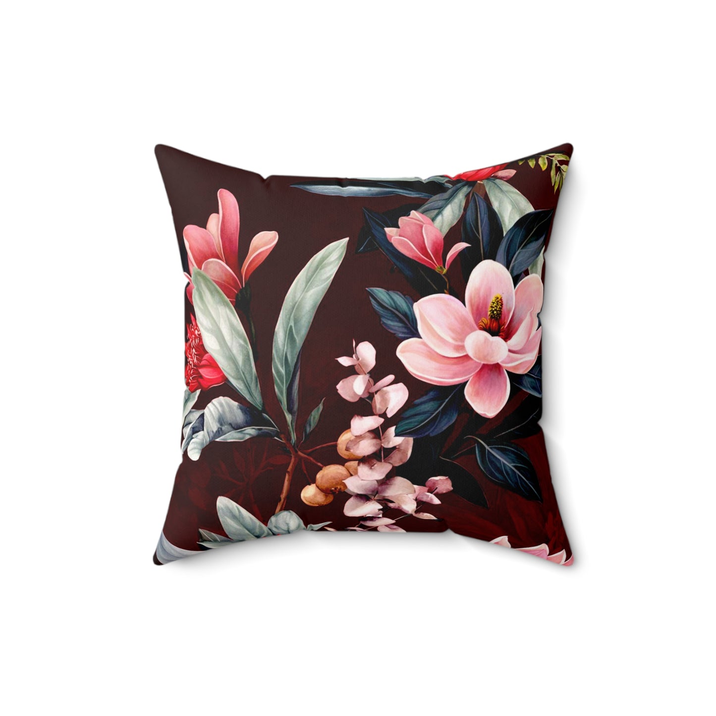 Dunkelrotes Dekokissen mit floralem Magnolien-Design