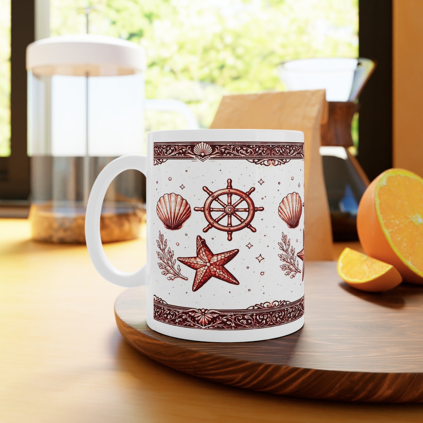 Maritime Keramiktasse mit Muschel & Seestern-Motiv