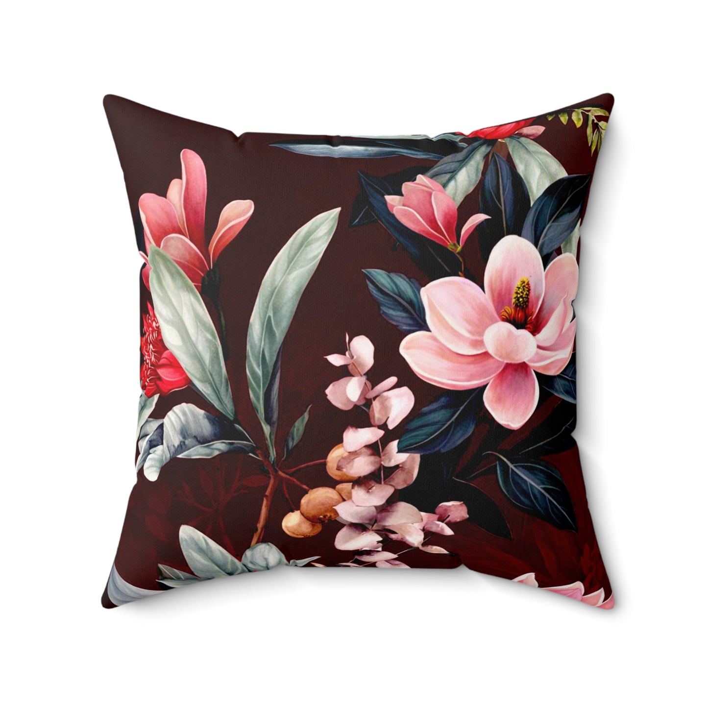 Dunkelrotes Dekokissen mit floralem Magnolien-Design