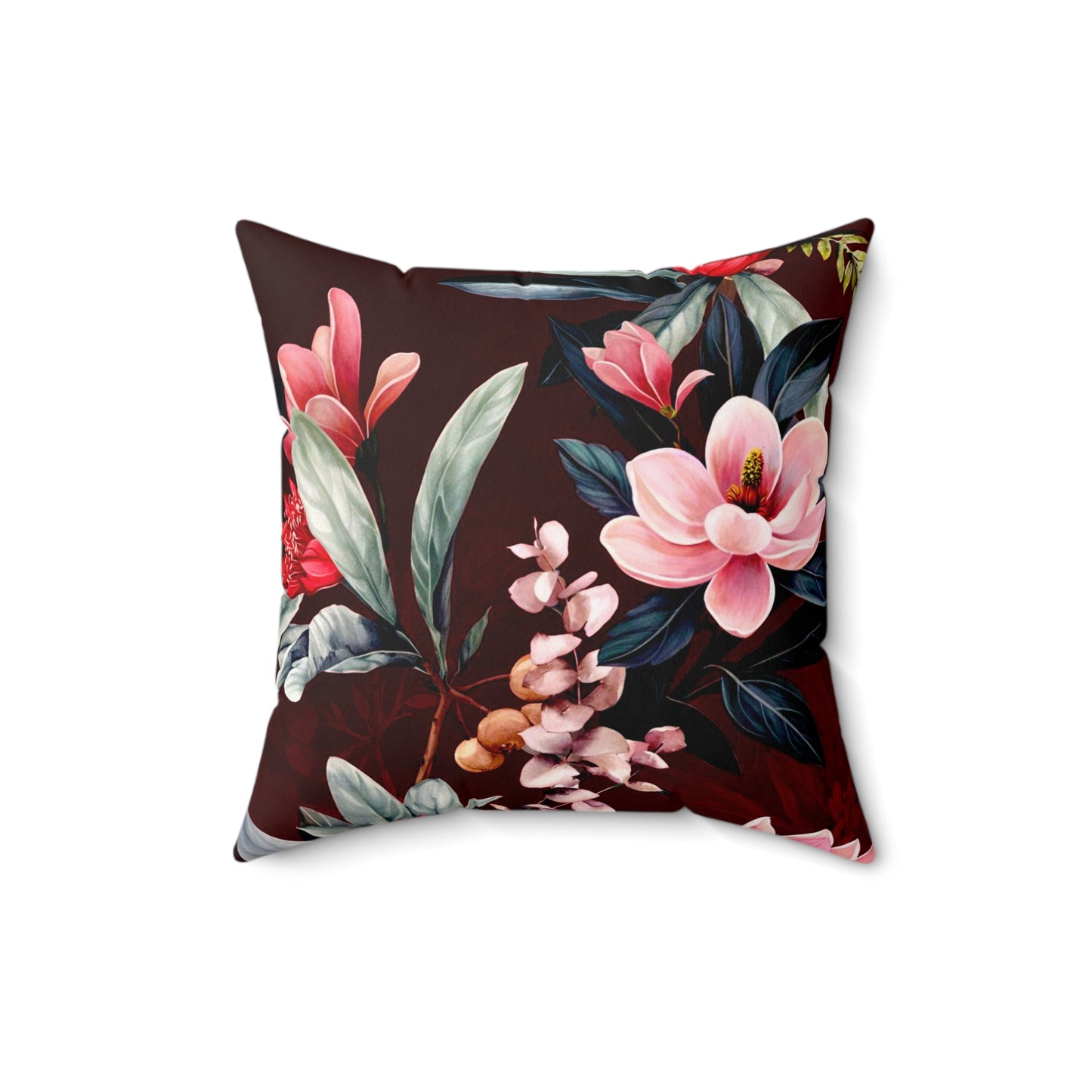 Dunkelrotes Dekokissen mit floralem Magnolien-Design