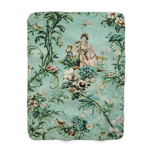 Mintgrüne Vintage Chinoiserie Sherpa Decke