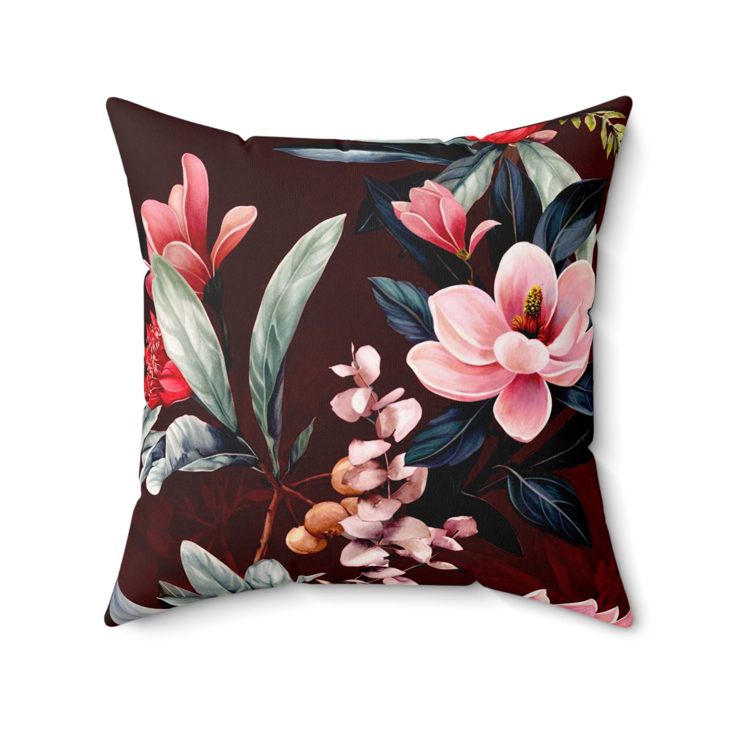 Dunkelrotes Dekokissen mit floralem Magnolien-Design